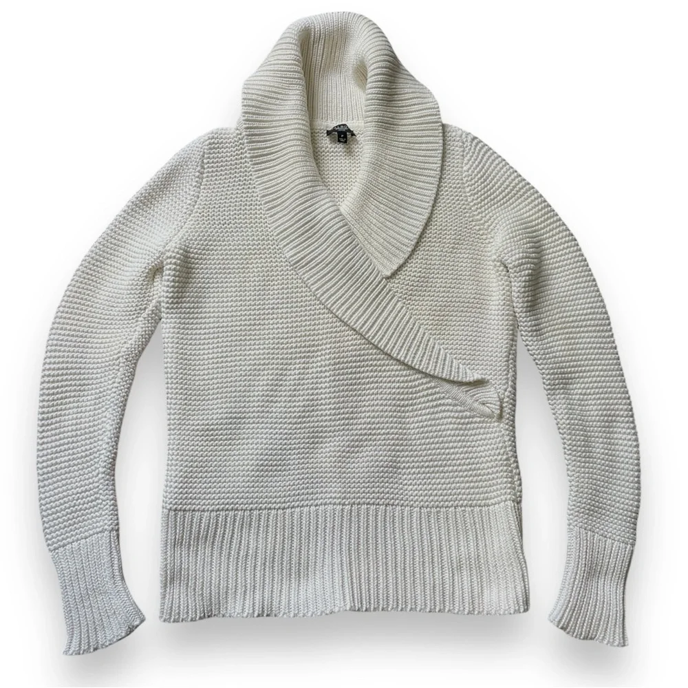 Talbots Ivory Cream Thick Shawl Neck Waffle Knit Pullover V-Neck Sweater Size PP - Picture 1 of 8